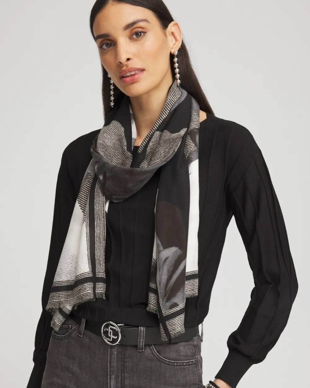 Online Black & White Floral Oblong Scarf Scarves