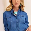 Discount Denim Split Cuff Pocket Shirt Tops
