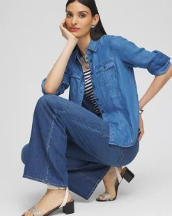 Discount Denim Split Cuff Pocket Shirt Tops