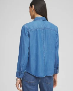 Discount Denim Split Cuff Pocket Shirt Tops