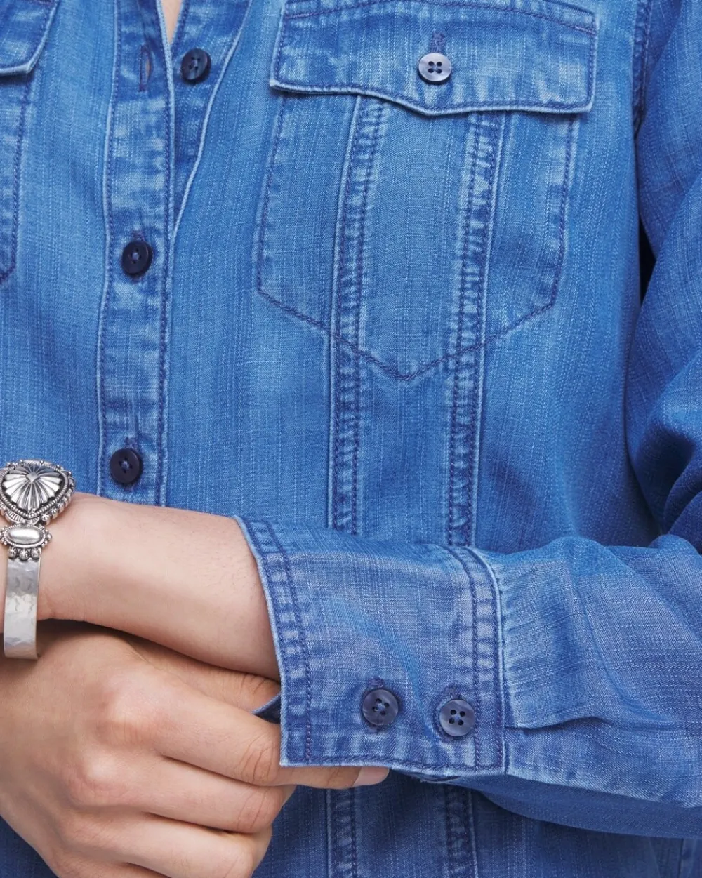 Discount Denim Split Cuff Pocket Shirt Tops
