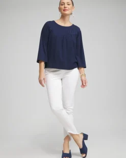 Online Faux Denim Eyelet Trim Top Tops