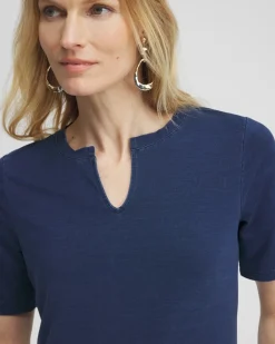 Best Faux Denim Notch Neck Tee Tops