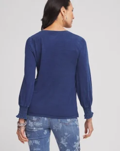 New Faux Denim Smocked Sleeve Tee Tops