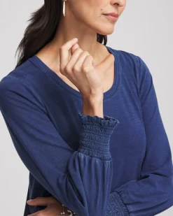 New Faux Denim Smocked Sleeve Tee Tops