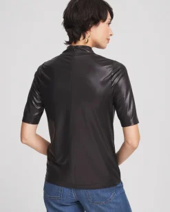 New Faux Leather Mock Neck Tee Tops