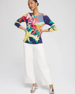 Cheap Floral 3/4 Sleeve Bateau Neck Tee Tops