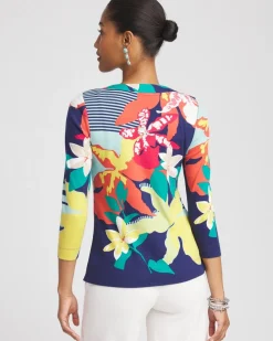 Cheap Floral 3/4 Sleeve Bateau Neck Tee Tops