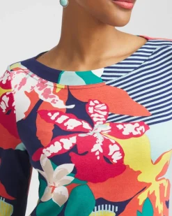 Cheap Floral 3/4 Sleeve Bateau Neck Tee Tops