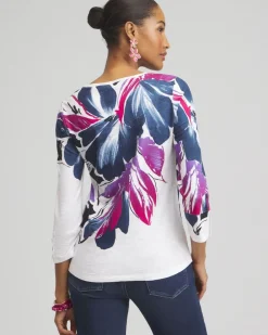 Best Sale Floral 3/4 Sleeve Button Tee Tops