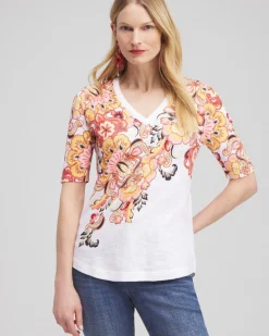 Best Floral Elbow Sleeve A-line Tee Tops