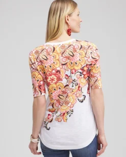 Best Floral Elbow Sleeve A-line Tee Tops