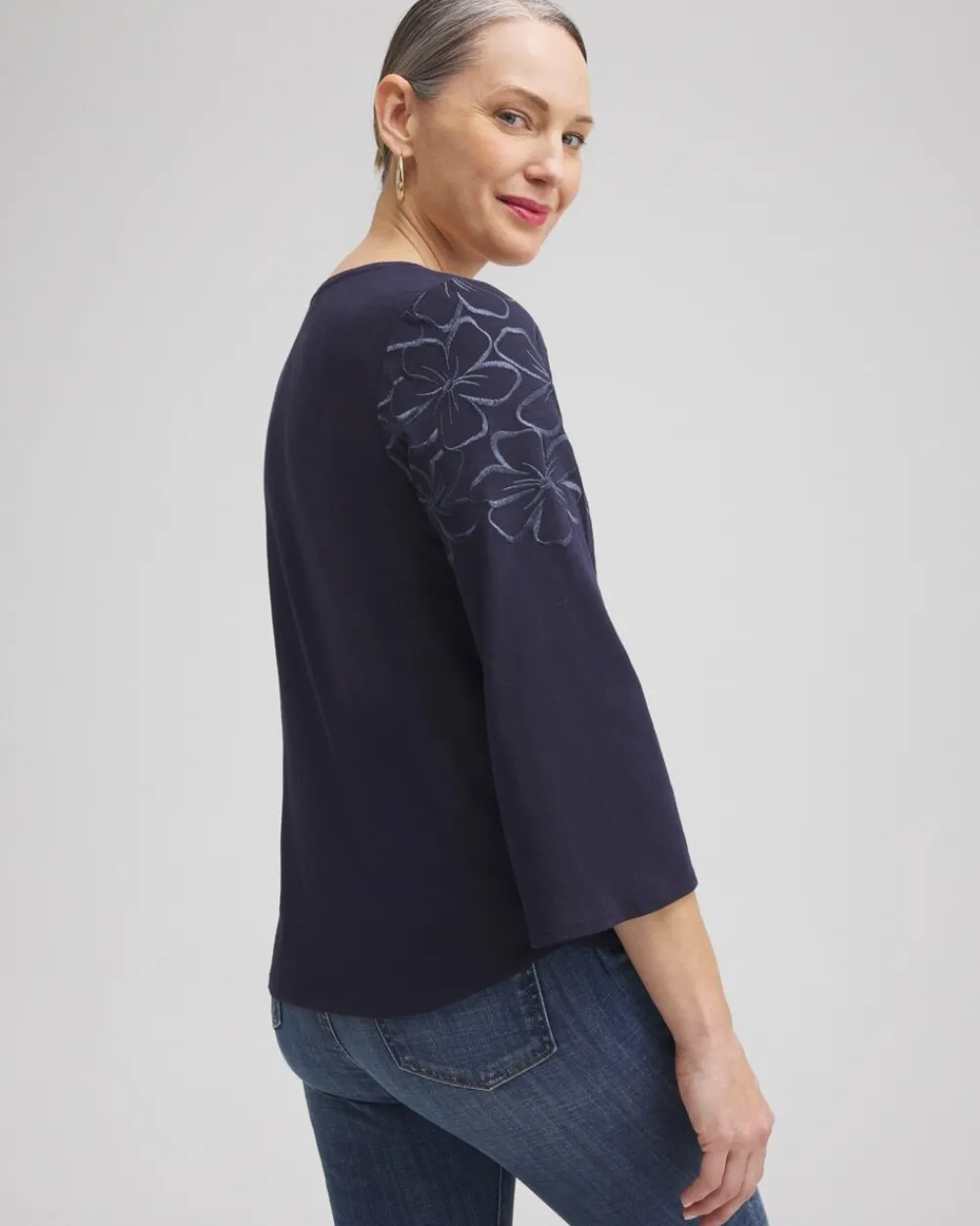 Flash Sale Floral Embroidered 3/4 Sleeve Top Tops