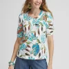 Fashion Floral Gathered Elbow Sleeve Tee Tops