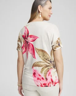 Best Sale Floral Sweater Trim Linen Tee Tops