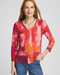Online Geometric Print 3/4 Sleeve V-Neck Tee Tops