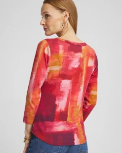Online Geometric Print 3/4 Sleeve V-Neck Tee Tops