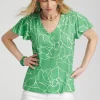 Cheap Green Lines Flutter Sleeve Tee Tops