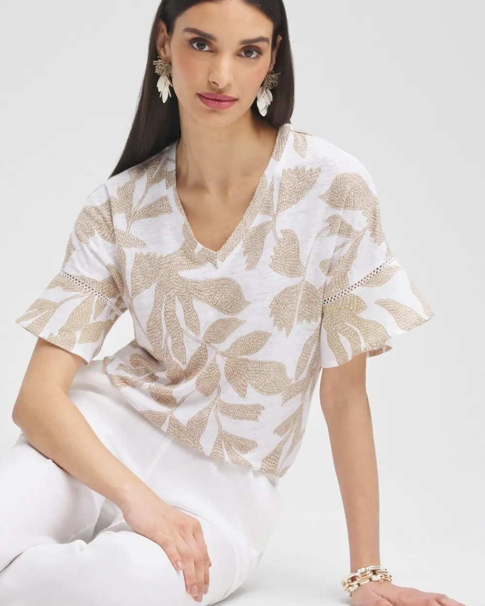 Shop Leaves Linen Blend Flutter Sleeve Top Tops