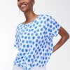 Cheap Linen Blue Dots Tie Front Tee Tops