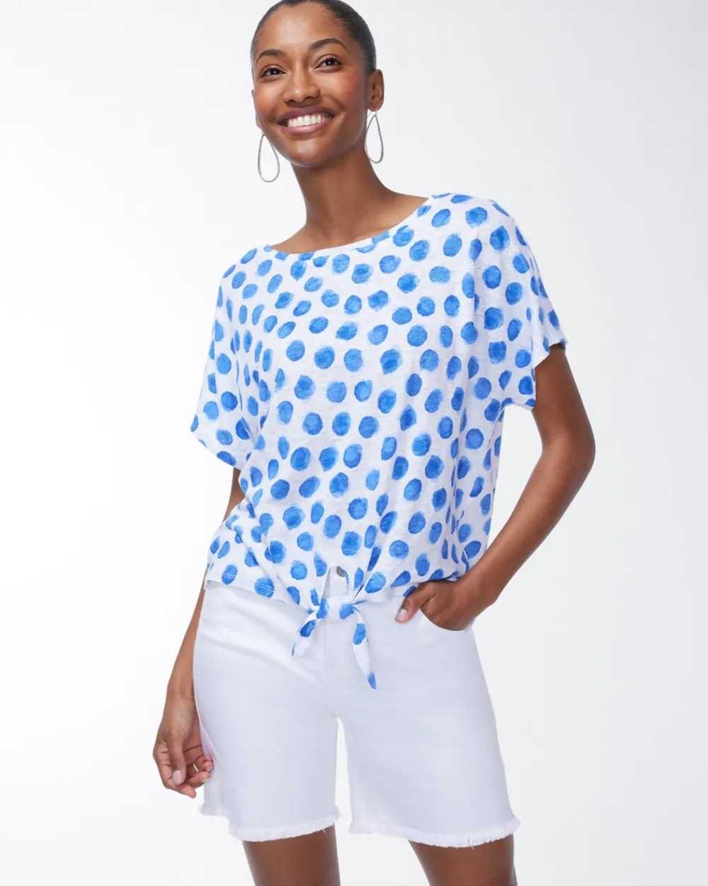 Cheap Linen Blue Dots Tie Front Tee Tops