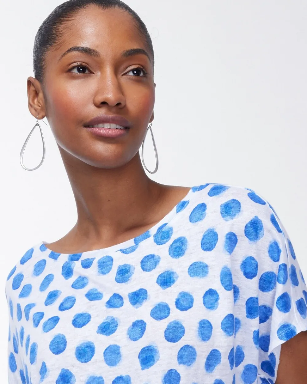 Cheap Linen Blue Dots Tie Front Tee Tops