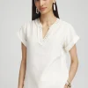 Cheap Linen Embellished Neck Top Tops
