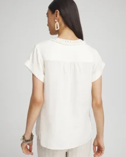 Cheap Linen Embellished Neck Top Tops