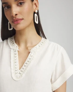 Cheap Linen Embellished Neck Top Tops