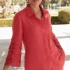 Best Linen Eyelet Sleeve Shirt Tops