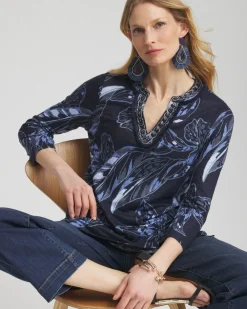 Sale Linen Floral Embellished Tunic Tops