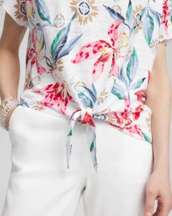Hot Linen Floral Tie Front Tee Tops