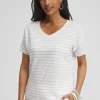 Cheap Linen Stripe Sweater Trim Tee Tops