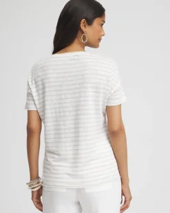 Cheap Linen Stripe Sweater Trim Tee Tops