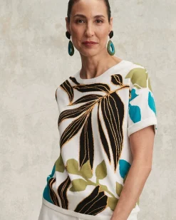 Outlet Palm Print Intarsia Pullover Tops