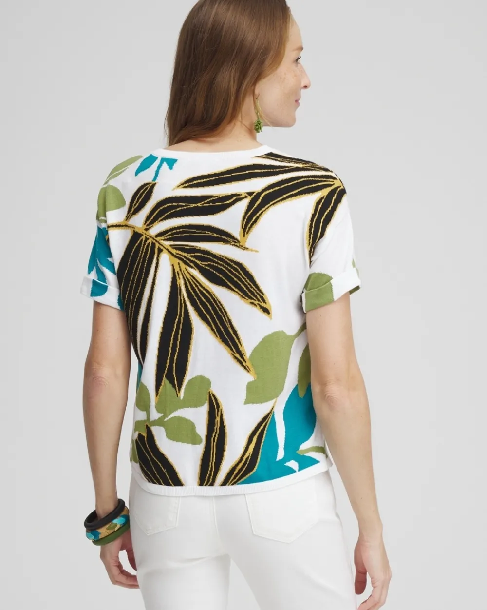 Outlet Palm Print Intarsia Pullover Tops