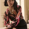 Fashion Pintuck Sleeve Orchid Print Blouse Tops