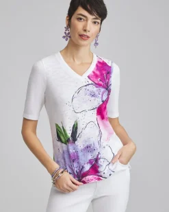 Best Sale Placed Floral Elbow Sleeve A-line Tee Tops