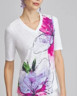Best Sale Placed Floral Elbow Sleeve A-line Tee Tops