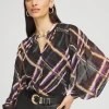 Best Sale Plaid Pintuck Sleeve Blouse Tops