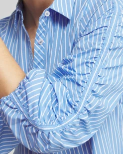 Flash Sale Poplin Stripe Ruched Sleeve Shirt Tops