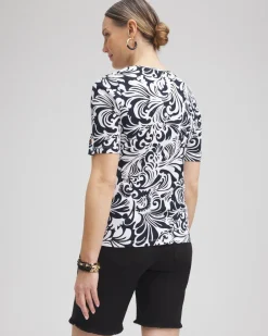 Cheap Scrolls Elbow Sleeve Cotton Tee Tops