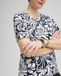 Cheap Scrolls Elbow Sleeve Cotton Tee Tops