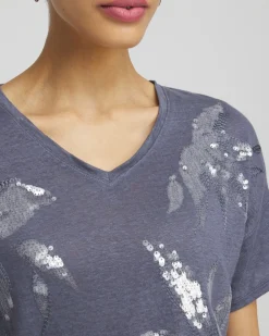 Best Sale Slate Linen Sequin Tee Tops