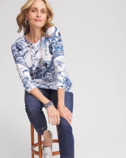 Outlet 3/4 Sleeve Floral Overlap Tunic Tops