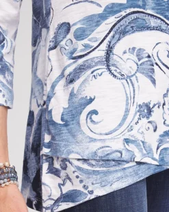 Outlet 3/4 Sleeve Floral Overlap Tunic Tops