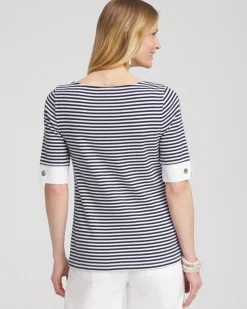 Sale Stripe Grommet Detail Tee Tops