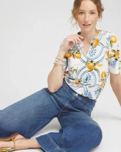 Hot Tropical Print Notch Neck Tee Tops