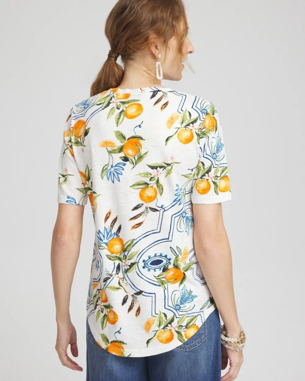 Hot Tropical Print Notch Neck Tee Tops