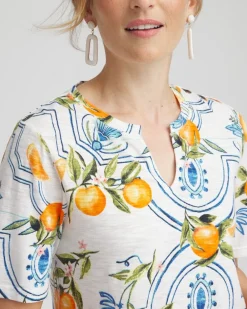 Hot Tropical Print Notch Neck Tee Tops